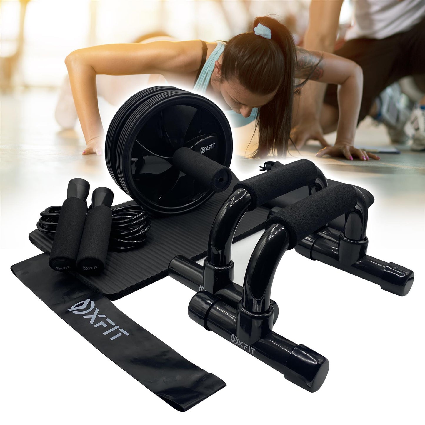 4 in1 Home Gym Kit Yoga AB Roller Wheel Push Up Bars Rope Bands Workout Set Women Men Home Gym Accessories