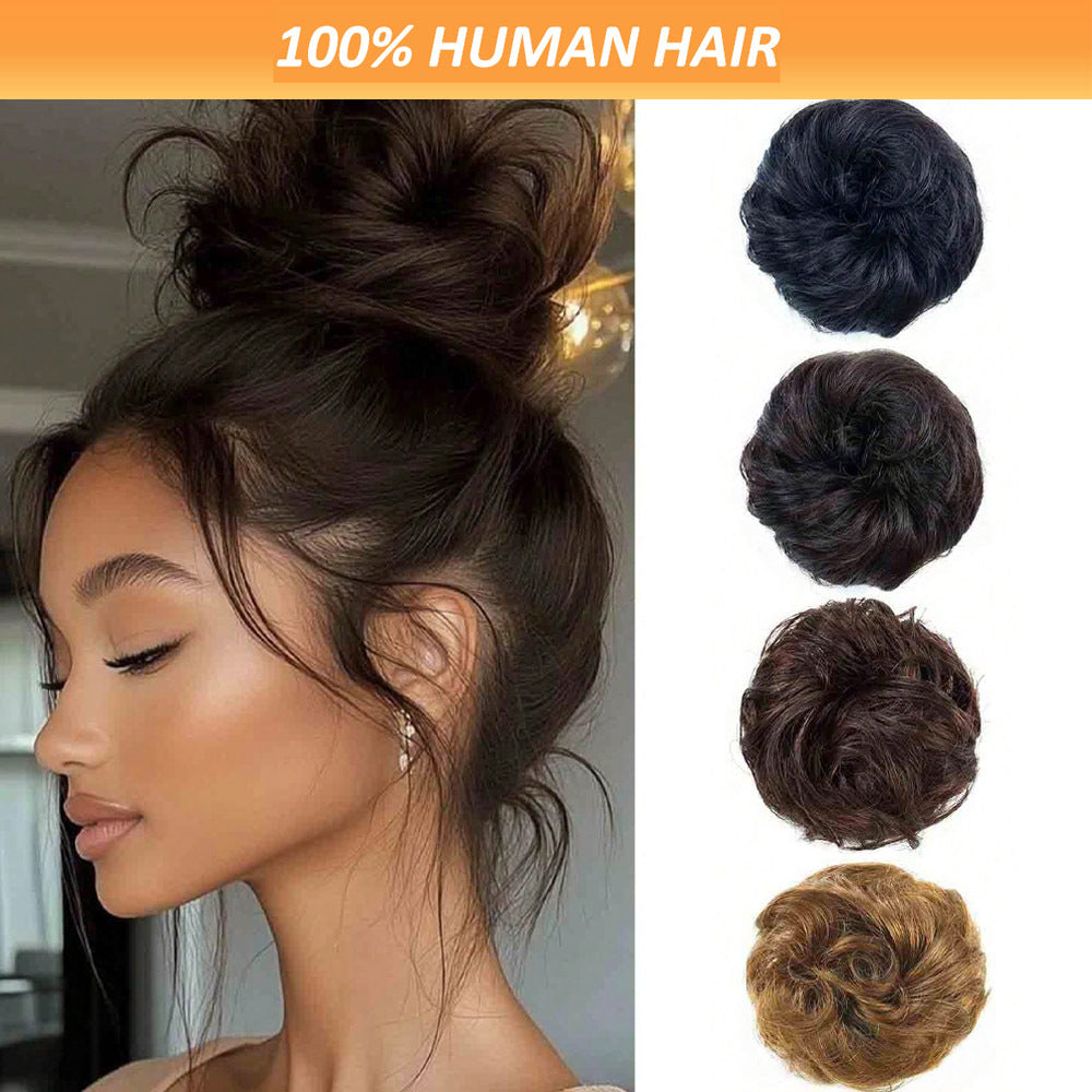 Real Human Hair Bun Donut 4 Colors with Elastic Band - Wavy Volume, Instant Updo Extensions for, Scalp-Propatible Hairpiece for Chignons, Buns & Volume (No Glue/)