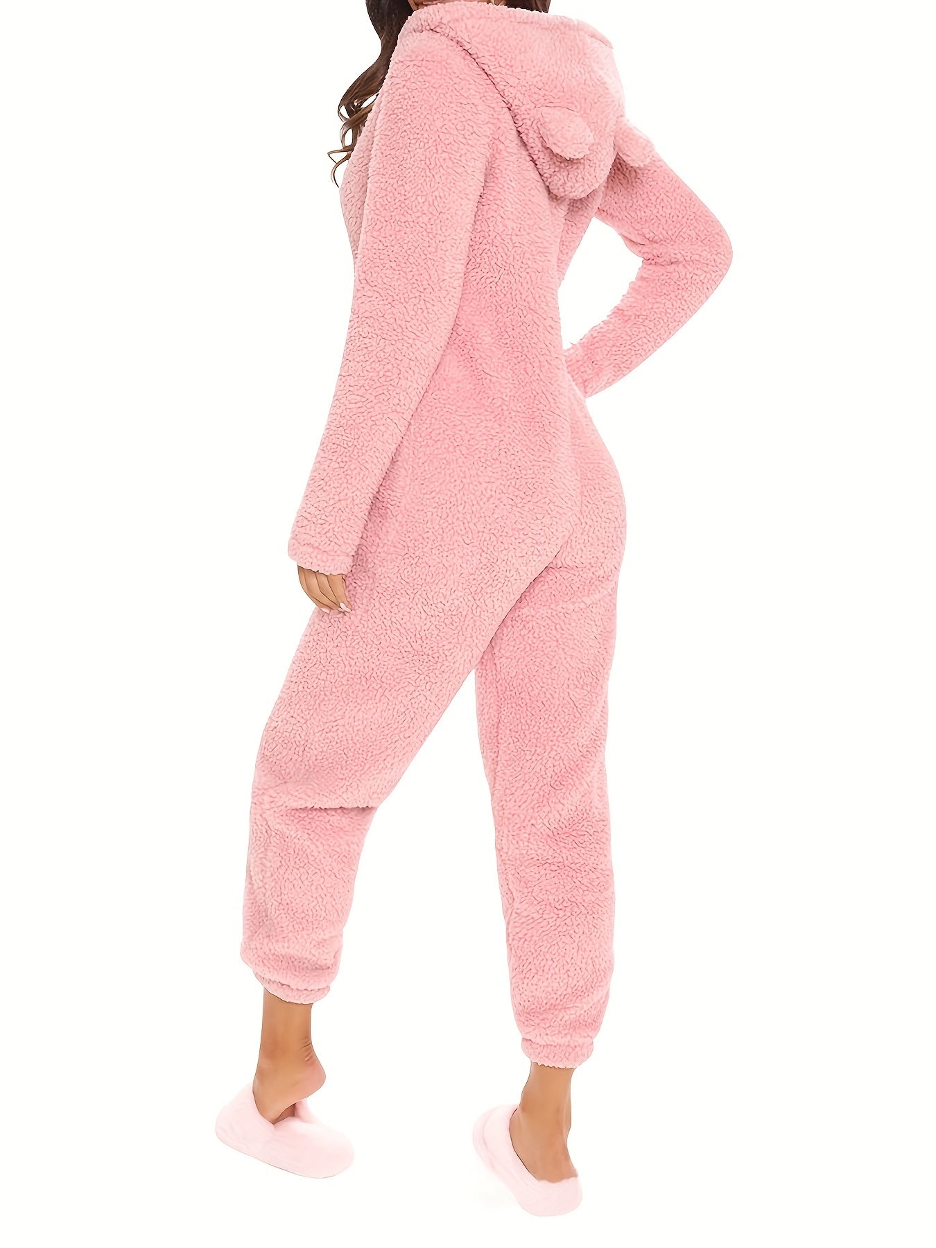 UK Size 6 Colors Fuzzy Hooded Pajama Jumpsuit For Music Festival, Comfy & Cute Long Sleeve Zipper Pajamas, Women's Lingerie & Sleepwear