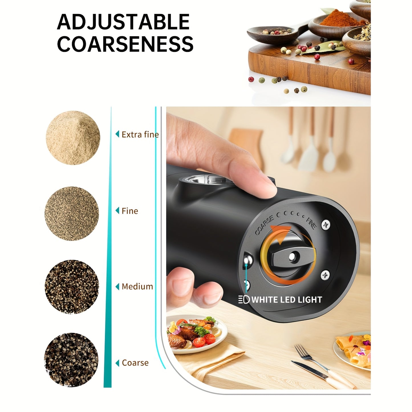 Electric Salt Pepper Grinder, Battery Powered Convenient (Batteries Not Included), Dual-Compartment Design with Base, Practical White LED Light, Coarse and Fine Adjustment, One-Click Operation, Black Durable