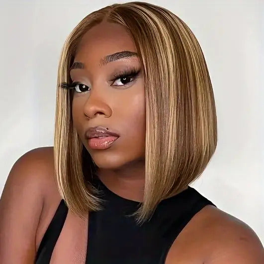 Short Bob Wig for Women & - Natural-Looking Body Wave Synthetic Hair with Golden Brown/Blonde/Beige/Brunette Ombre, Heat-Resistant Fiber & Breathable Mesh Cap, Middle Part Short Cut Wig for Daily Wear, Suits All Beige Tones