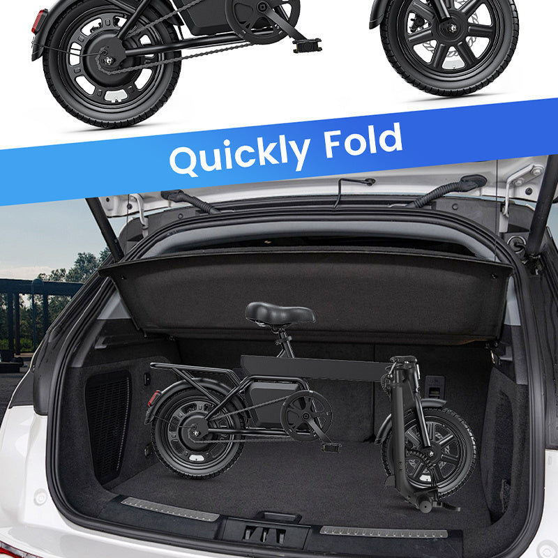 14inch Foldable Electric Bike, Mini City E-Bike, LCD Display, 36V 7.8Ah Battery, 250W Motor, 4 Riding Modes, 4 Speed Levels,25km/h Top Speed And 45km Max Range, With Rear Rack, Pedal Assist, Dual Disc Brakes, Night Lights, an