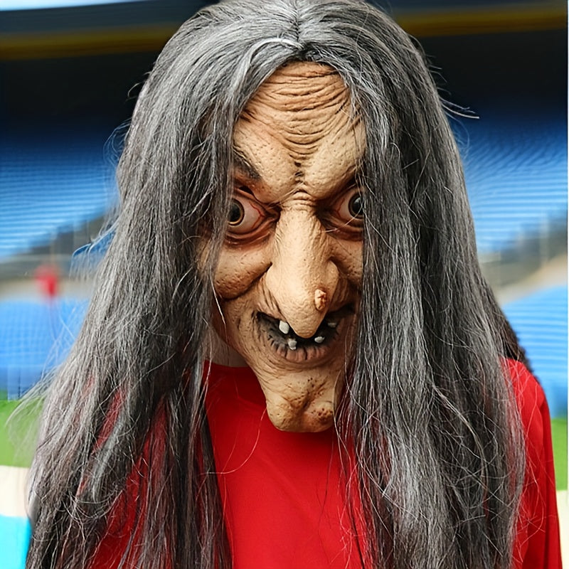 Realistic Witch Latex Mask - Scary Full Face Halloween Costume Accessory with Long Gray Hair & Wrinkled Features for Parties, Performances, and Role-Playing, Themed Party Mask | Scary Character Visage | Latex Full Mask