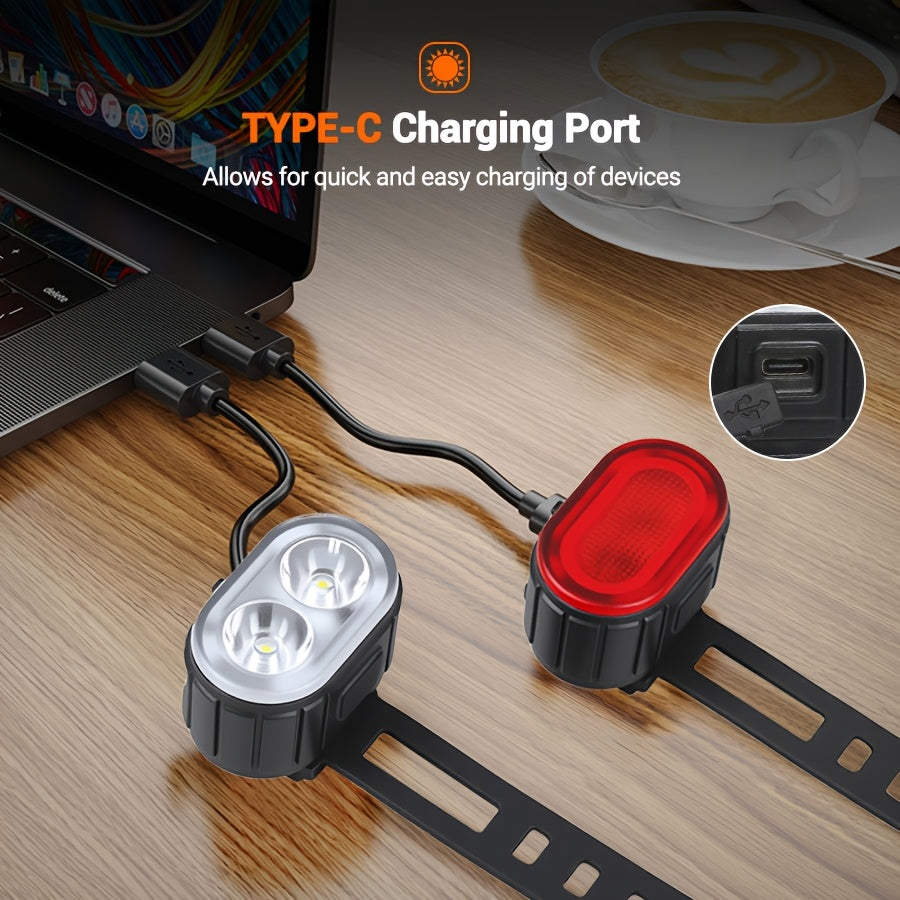 2 PCS Set of Bicycle Front and Rear Light Kit | Multi-functional LED Cycling Headlight and Taillight, USB Charging, Portable Night-time Cycling Floodlight, Easy to Install, Suitable for Night and Mountain Road Cycling