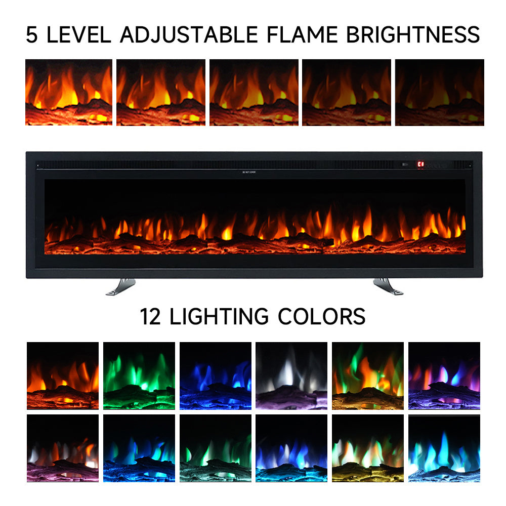 Electric Fire Wall Mounted/Recessed/Freestanding Electric Fireplace with Remote Control, 12 Colors Flame Effect Media Wall Fireplace, Crystal & Log Set,1800W 40/50/60 Inch