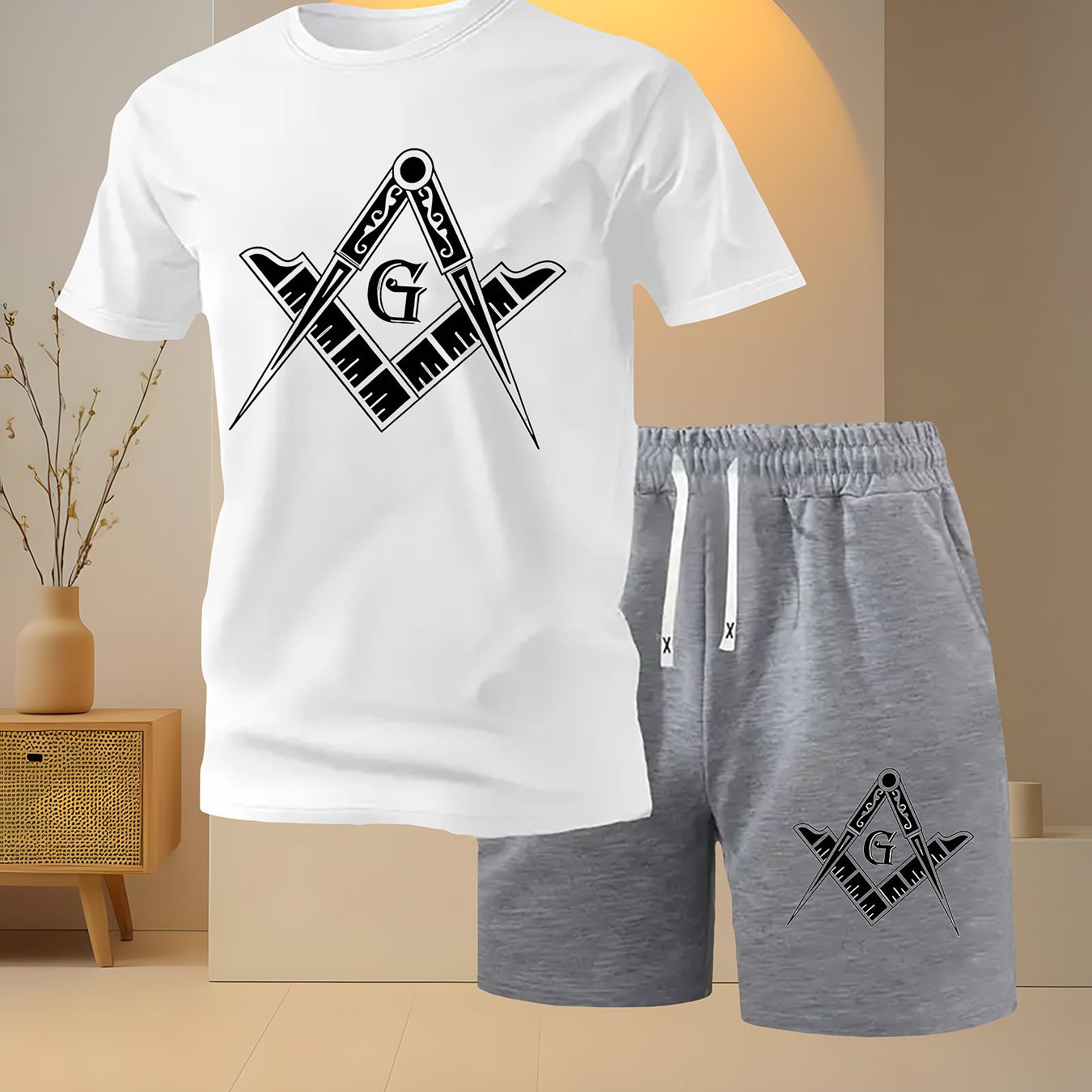 2 PCS Set Freemasonry Logo Print Men's Fashion Casual, Round Neck Short Sleeve T-Shirt and Drawstring Shorts Spring Summer Sportswear Outfit