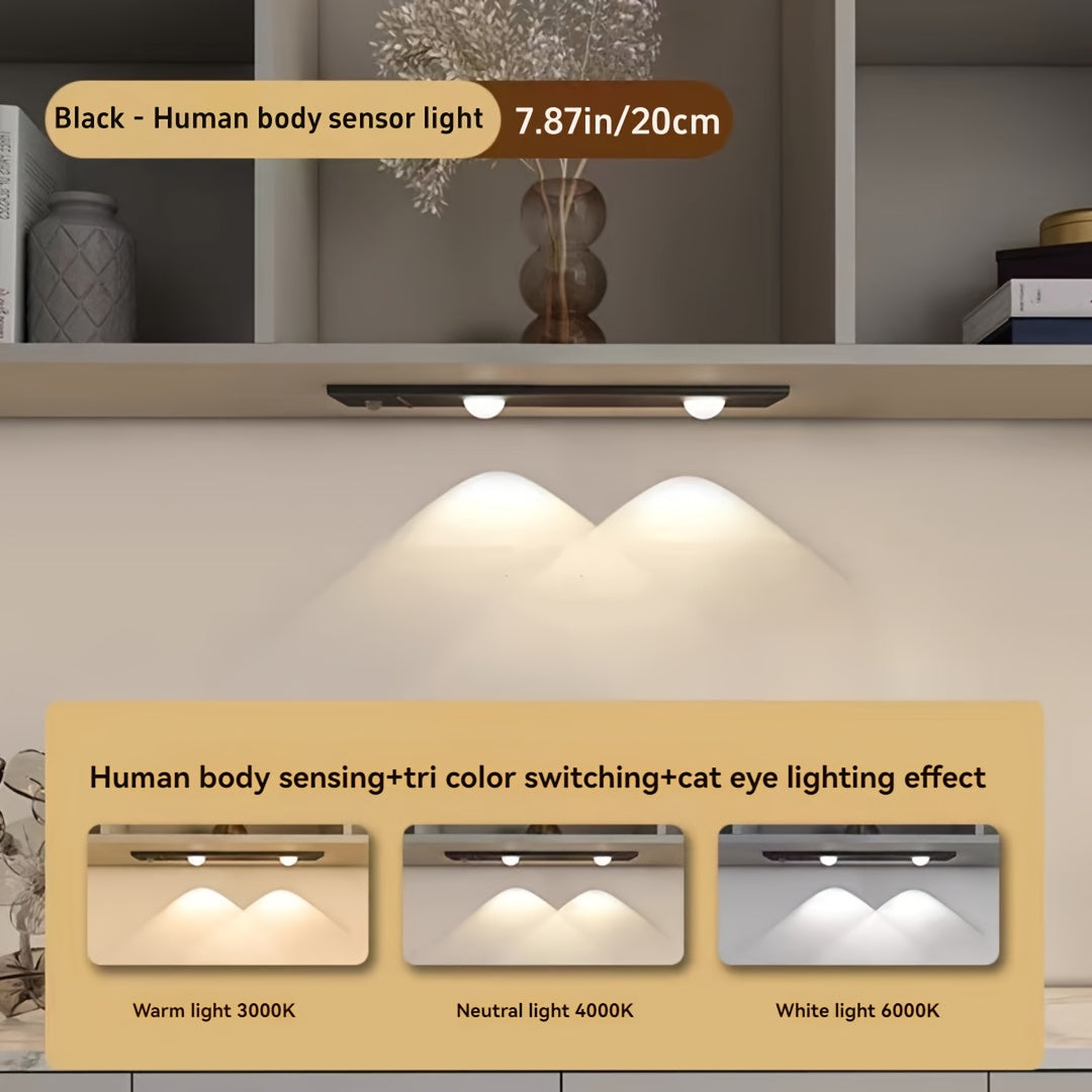 NEW Modern LED Motion Sensor Cabinet Light with Magnetic USB Charging, Wireless Motion Detection, Ultra-Thin Slim Profile, 3-Color Adjustable LED, Magnetic Ceiling/Wall/Bedside Lighting for Kitchen, Wardrobe, Bathroom, Displa