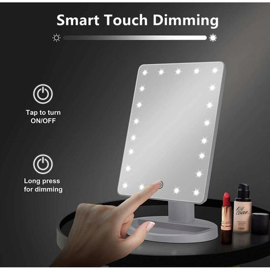 16 LED Touchscreen Makeup Mirror with Magnifying Mirror Adjustable Brightness Stand and Tray in White