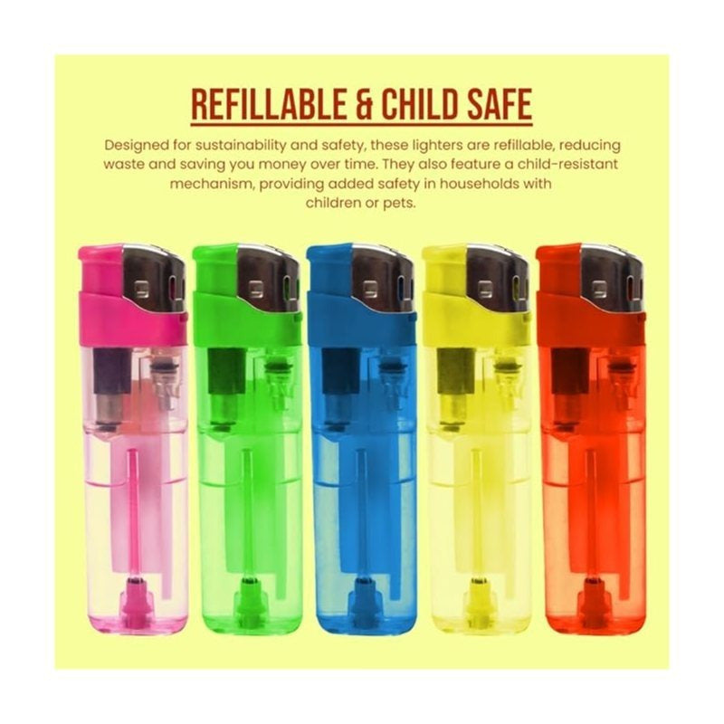 50 PCS Set Electronic Refillable Lighters with Adjustable Flame – Bulk Pack of Gas Lighters with Electronic Ignition – Multi-Purpose Lighters for Home, Kitchen, Candles, BBQ, Camping & Outdoor Use