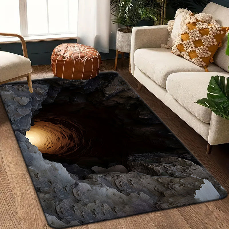 2D Optical Visual Illusion Deep Cave Themed Doormat, Soft Flannel Welcome Mat with Non-Slip Feature, Outdoor Carpet for Entryways, Machine Washable, Foldable, Durable Polyester Fiber, Suitable for Bathrooms, Kitchens, Living