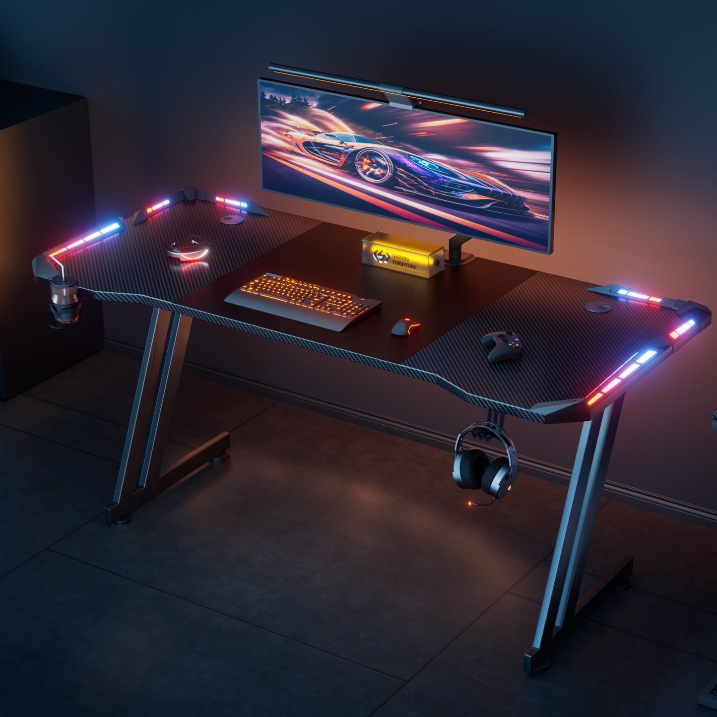 NEW RGB Gaming Black Desk Full Set with LED Lights and Mouse Pad, Large Ergonomic Computer Desk with Cup Holder & Headphone Hook, Modern Carbon Fiber Design for PC Gaming & Home Office