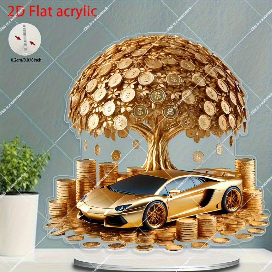 2D Flat, Money Tree in Golden Sports Car Decoration - Wealth & Prosperity Symbol with Coins, Acrylic Tabletop Decor for Home/Office, Luxury Car Interior Design, No Electricity Needed - Ideal Birthday/Chinese New Year/Lucky Ho