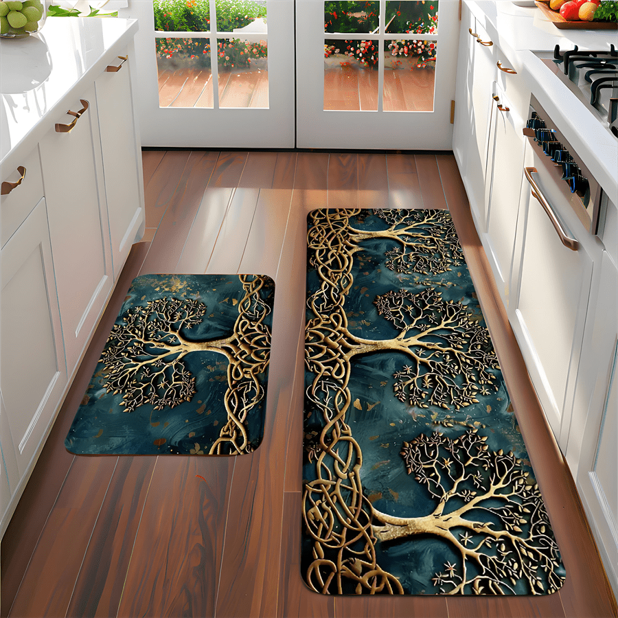 2/3 PCS Set TREE OF LIFE Kitchen Luxury Rug Set, Outdoor Indoor Entrance Mat, Welcome Mat, Suitable for Home, Living Room, Kitchen, Bedroom, Farmhouse, Study, Corridor, Laundry Room, Kitchen Mat, Shoe Scraper, Entry Mat, Home