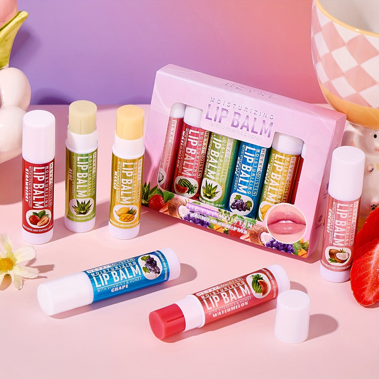NEW Arrivals 6-PCS Set Fruit Flavored Lip Balm Gift Set - Unisex Natural Finish Moisturizing Lip Butters with Watermelon, Coconut, Aloe, Grape, Mango & Strawberry - Alcohol-Free for All Skin Types