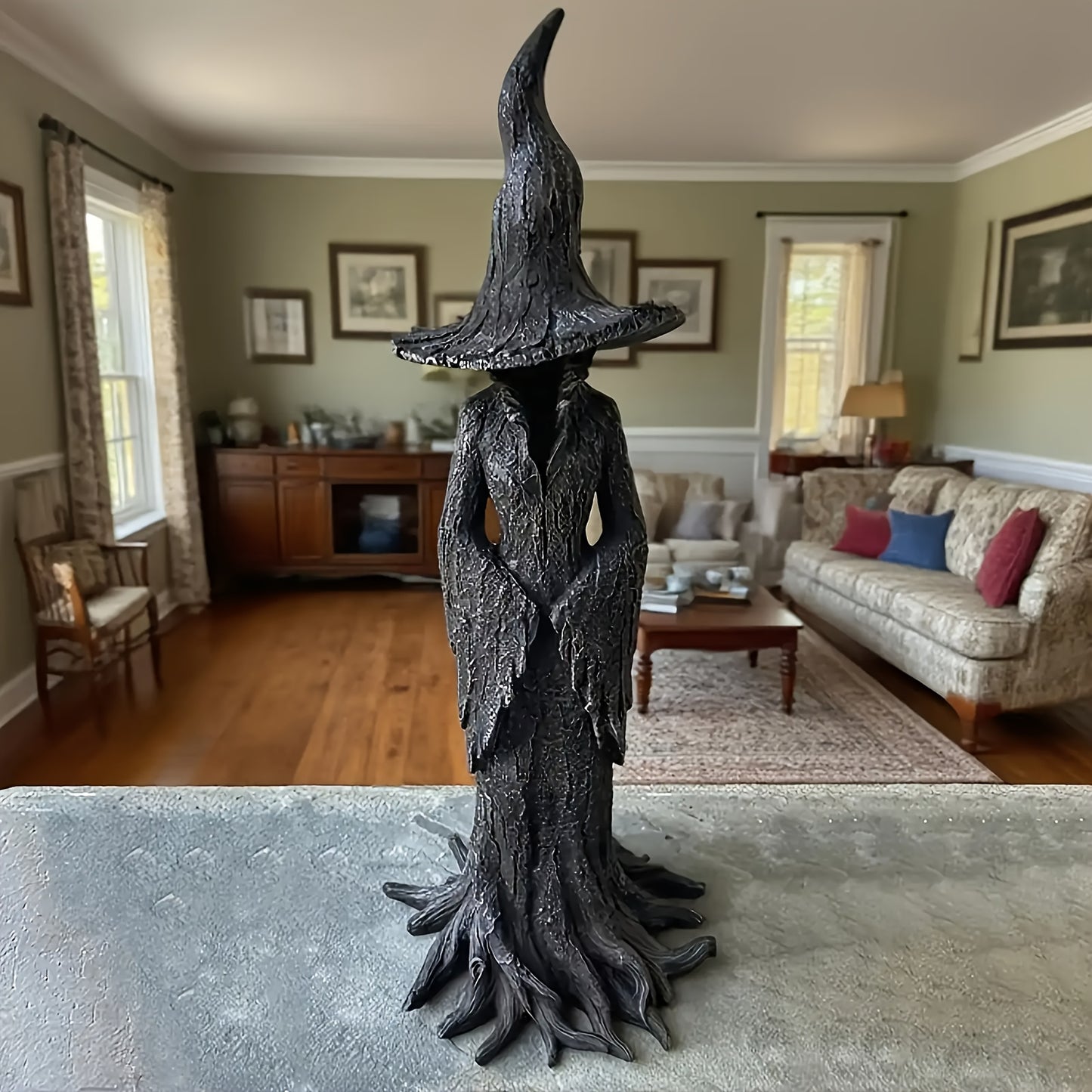 Large Gothic Witch Statue - Hand-Painted Resin with Black Hat & Cauldron, Indoor/Outdoor Spooky Home Party Decoration, Year-Round Collectible Gift