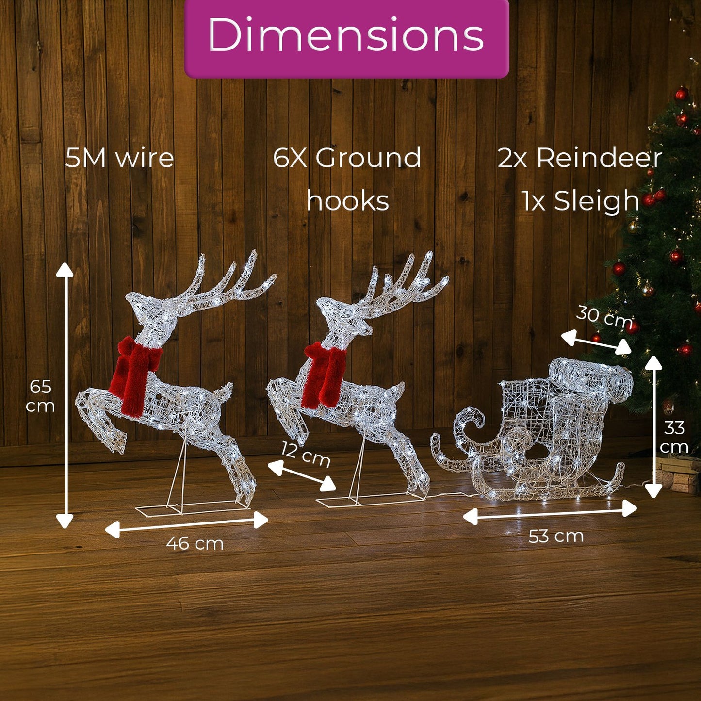 Neo 240 LED Christmas Sleigh Reindeer Outdoor Decoration Warm Bright White Mixed Light Effects Timer 65cm Reindeers Weatherproof Frame 6 Ground Hooks Included