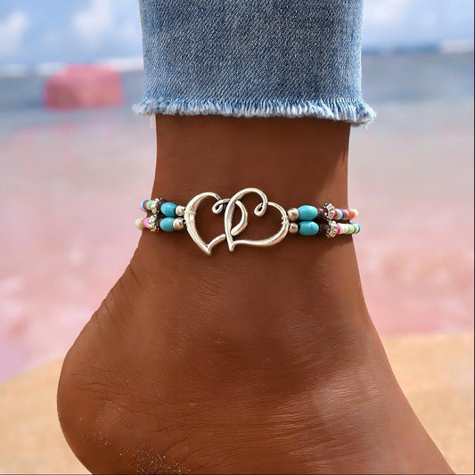 4 PCS Set Boho Chic Beaded Anklet Set - Multicolor Shimmering Heartfelt Jewelry with Adjustable Elastic Cord, Mini Seed Beads, Hollow Double Heart Design, Ideal for Men's Party Favors and Casual Wear, Retro Style, Bohemia Sty