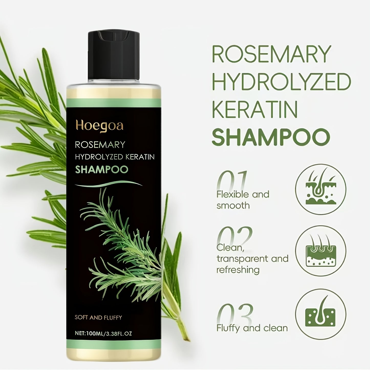 100ml Rosemary Shampoo: Deep Botanical Oil Control, Nourishing and Moisturizing for Voluminous, Fluffy Hair; 100ml, Enriched with Rosemary Ingredients, Gentle Formula to Eliminate Frizz and Dryness; Smooth and Easy to Comb, L