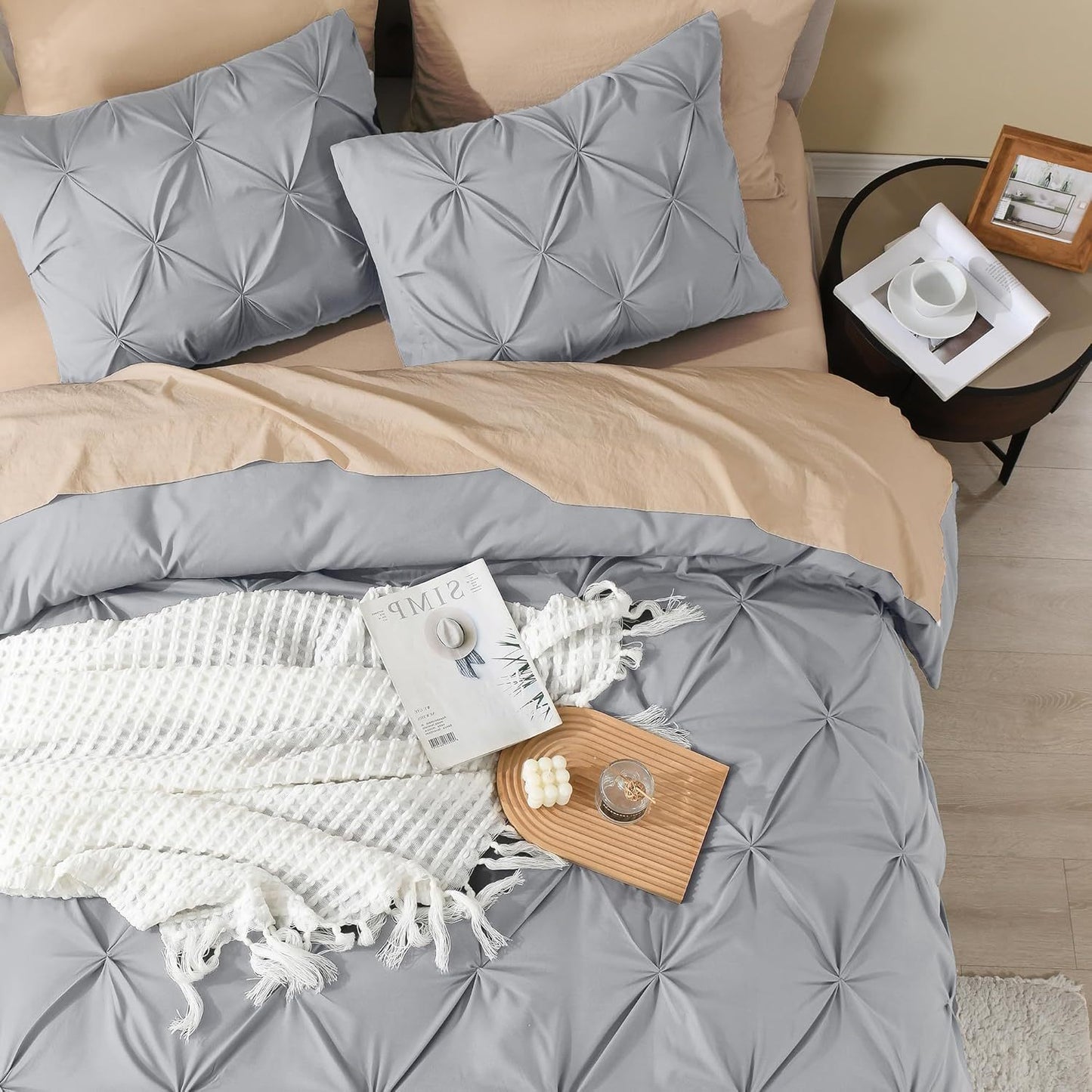 3 PCS Set 5 Colors Charcoal, Pink*Five Star Hotel* Pinch Pleated Luxury High Quality Duvet Cover Set, Soft Pintuck Bedding Sets with Pillowcases