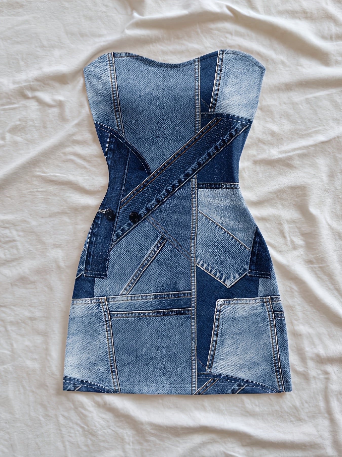 Siamese Cat Directional Print Denim Patchwork Dress Summer Outfit Women Casual Streetwear Clothes
