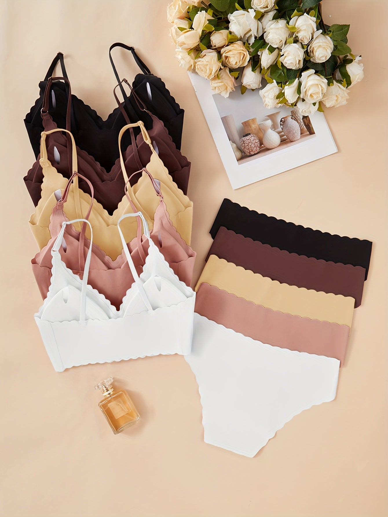 10pcs Elegant Seamless Women's Bra Set - Medium Support, Removable Pads, Strapless Design, Solid Colors (Beige, Brown, White, Black, Tan, Light Beige) - Perfect for Adult, Comfortable Undergarment | Elegant Strapless Bra | Se