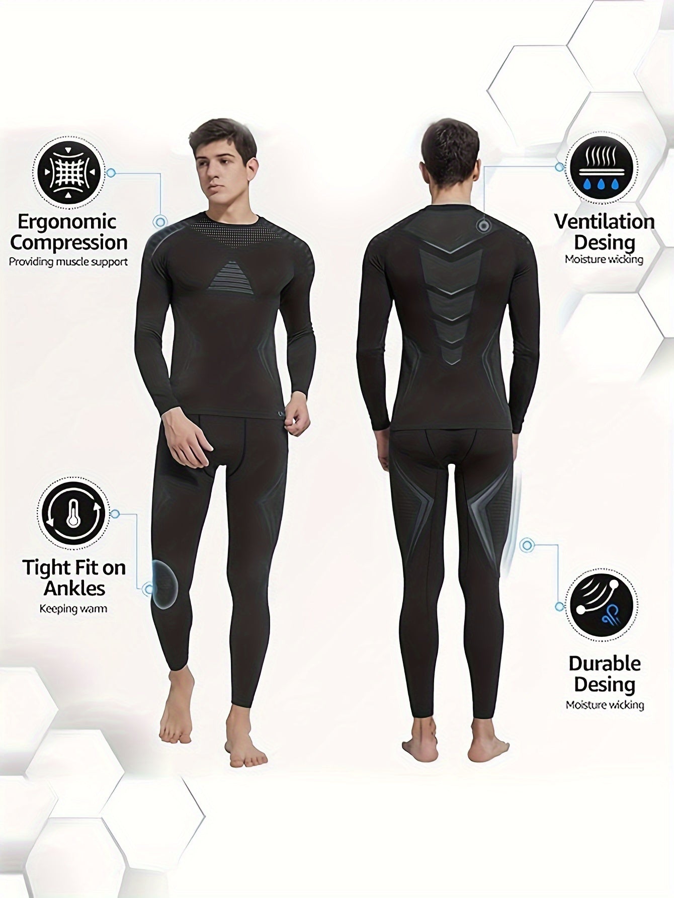 2 PCS Set UK Size  Autumn/Winter Men's Thermal Shapewear Set, Outdoor Skiing Warm Tight Pants and Long-Sleeve Top with Fuzzy Lining for Skating, Cycling Gym Running Yoga & Sports