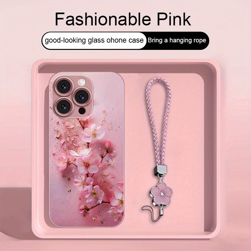 Golden-Plated Cherry Blossom Metal Paint Glass Phone Case with Lanyard for iPhone 16/16 Plus/16 Pro/16 Pro Max/15/15 Plus/15 Pro/15 Pro Max/14/14 Plus/14 Pro/14 Pro Max/13/13 Pro/13 Pro Max/13 Mini/12/12 Pro/12 Pro Max/12 min