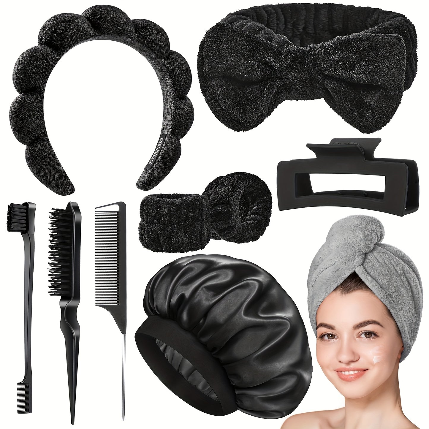 10 PCS Set Spa Headband and Hair Care Set | Slick Back Hair Brush, Soft Nightcap with Hair Band Wristband and Claw Clips, Microfiber Towel for Drying Hair, Curl Enhancing, Unscented