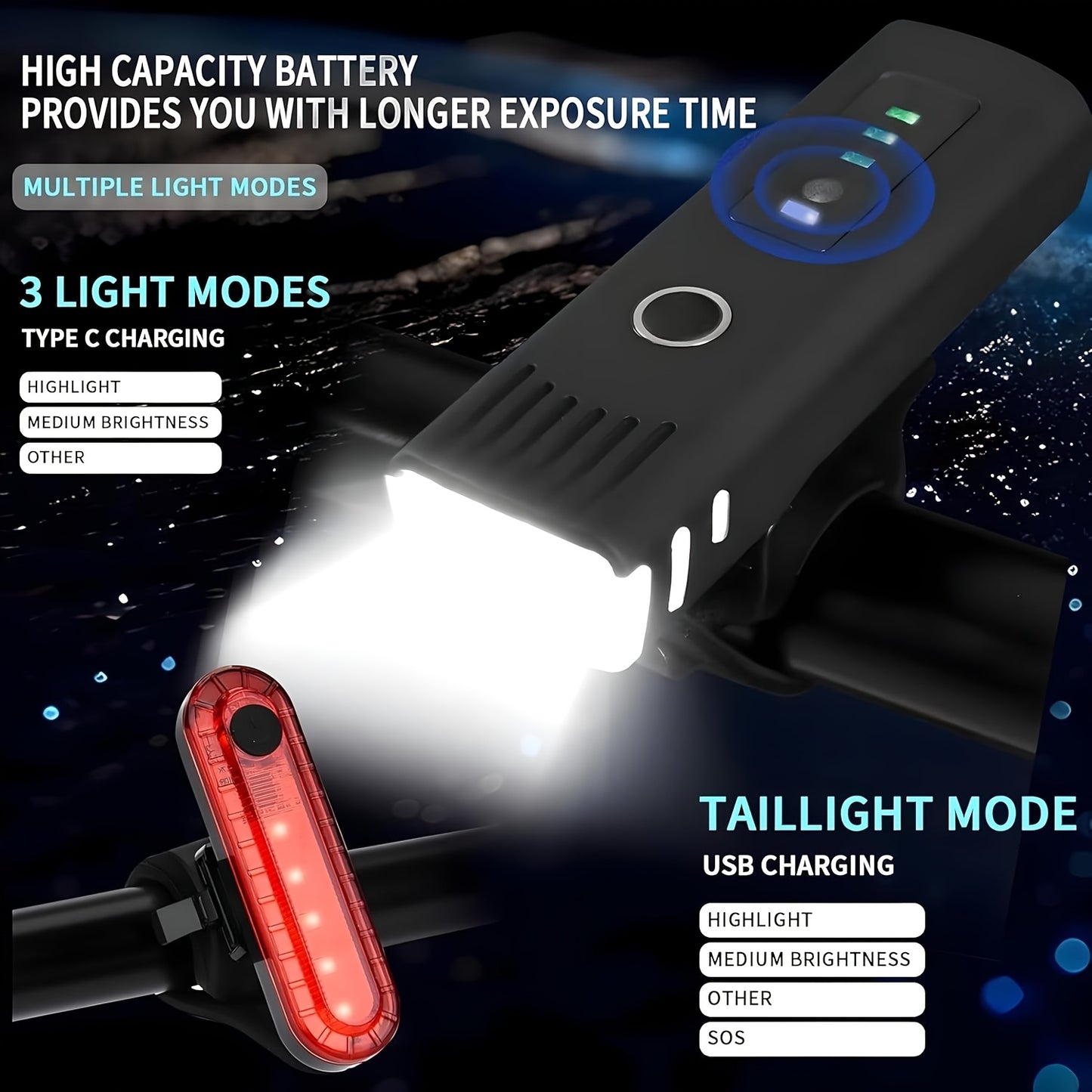 Super Bright USB Rechargeable Bike Light Set - 4-in-1 Smart Sensor, USB/CB-Powered Front & Rear Lights with USB-Powered Charging, Waterproof, Compatible with USB-C/Cigarette Lighter/DC, for Mountain/Road/Commuting/EBike - Lon