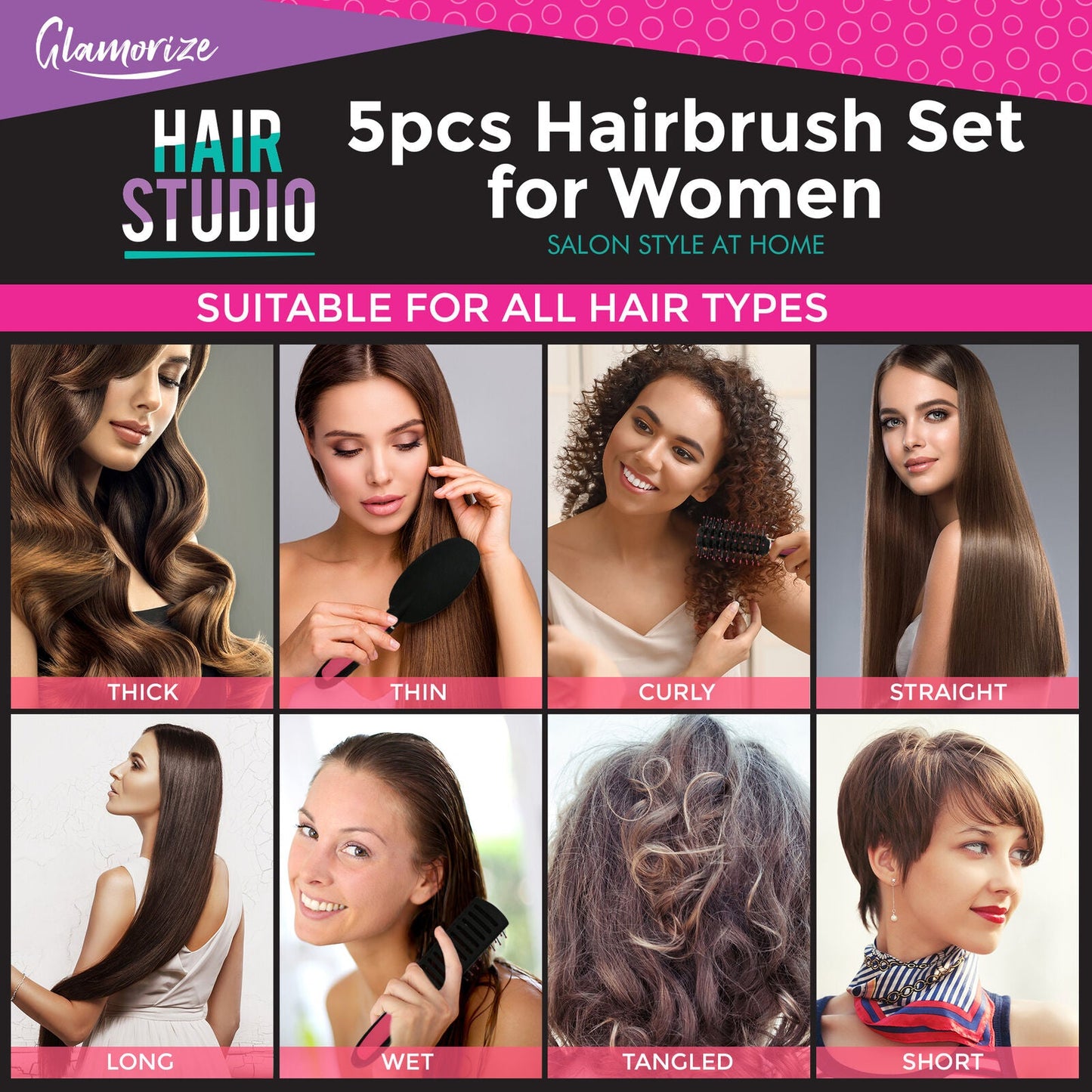 5  PCS Set Hair Brush for Women | Professional Pink Hairdressing Brushes | Paddle, Cushion, Round, Zig Zag & Vented Styling Brushes | Salon & Home Hair Brush Kit for Detangling, Volume & Smooth Styling