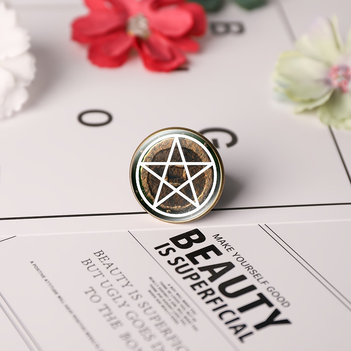 Pentagram Secret Society (unisex Wide-band Ring with Inlaid Patterns), Featuring a Mysterious Pentagram Design with a Vintage Metallic Finish and Circular Motif on a Dark Background. The Adjustable Width Ensures Comfortable W