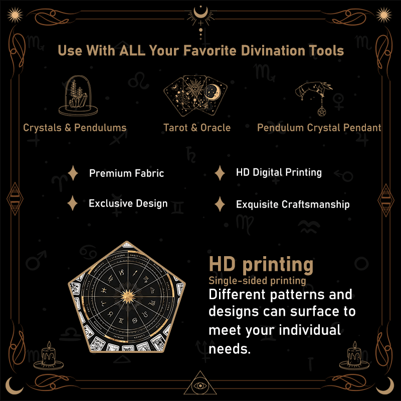 Zodiac Chart Tarot Tablecloth - Black & Golden Astrological layout with 12 Zodiac Signs - Heavy-Duty Machine-Washable Polyester Altar Cloth for Tarot, Astrology, Witchcraft, Meditation - Multiple Sizes (50x50/60x60/75x75/80x8