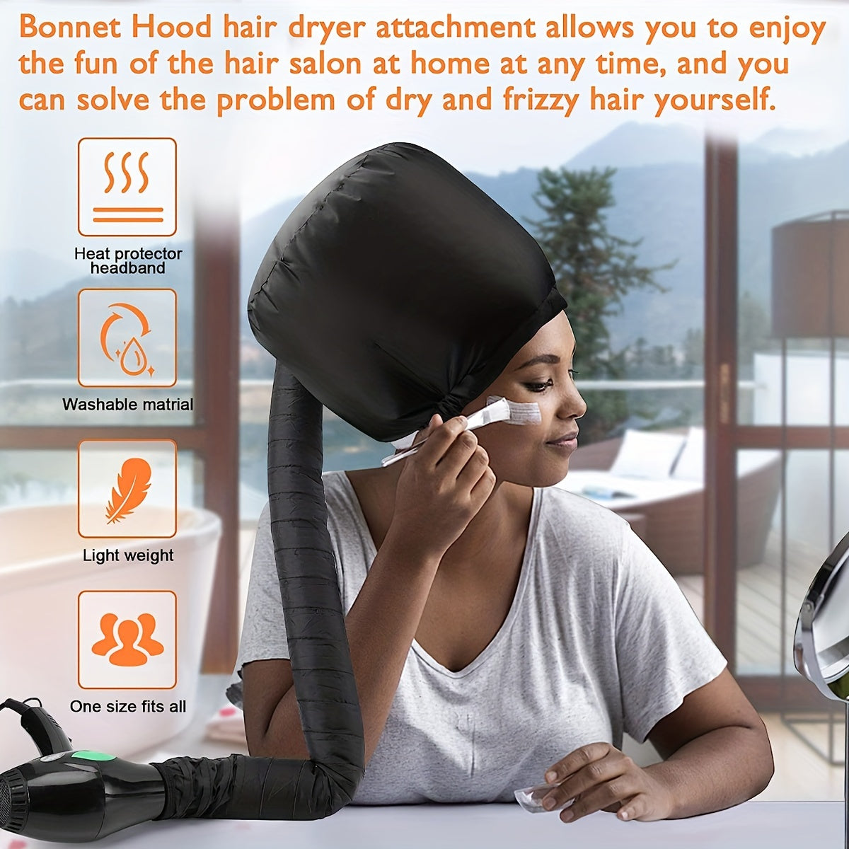 Soft Bonnet Hood Hair Dryer Attachment with Headband - Heat-Resistant Hair Drying Cap, Deep Conditioning & Styling for Relaxed Textured Hair, No Electricity Needed