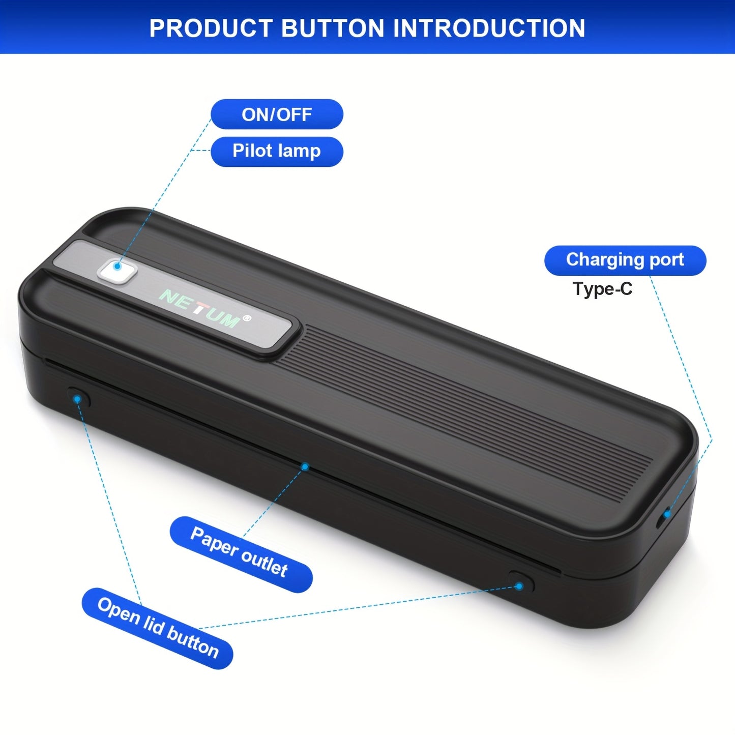 A4 Portable Thermal Printer - Wireless and USB Connection, Multi-Size Printing, Roll/Fold Paper Compatible, Ink-Free Monochrome Output, Supports PDF/Word/Excel/JPG, 203dpi High Definition Print, Built-in 2600mAh Rechargeable