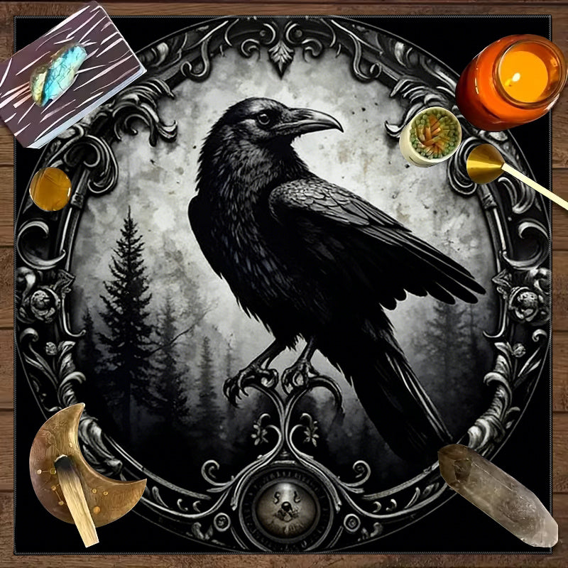 Mystical Forest Crow Emblem Cloth, Astrology Cloth, Universal Altar Cloth, Tabletop Game Cloth, Room Decoration, 2D Flat, Board Game Cloth, Party Decoration, Suitable for Astrology Enthusiasts