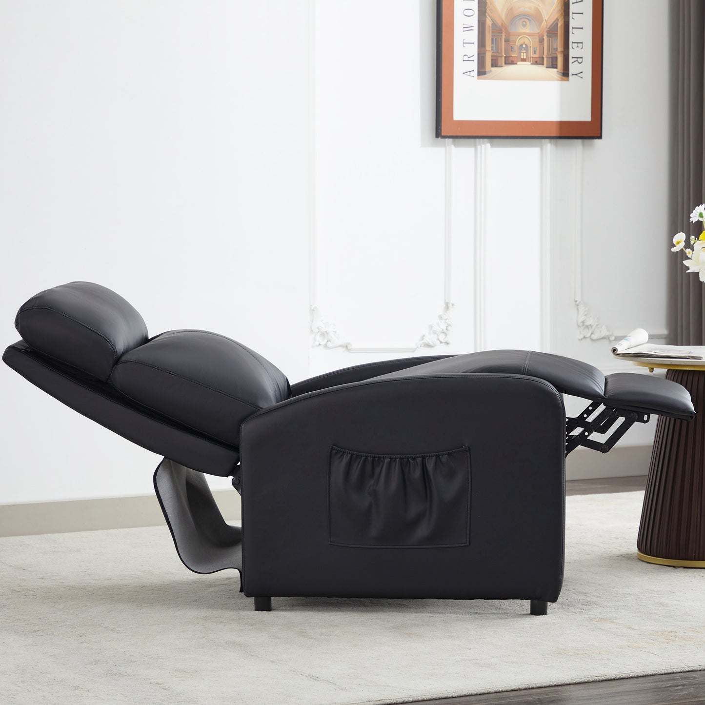 Push Back Recliner Chair Bed , Single Sofa with Lumbar Support, Padded Backrest, Side Pocket and Adjustable Leg Rest for Home Living Room