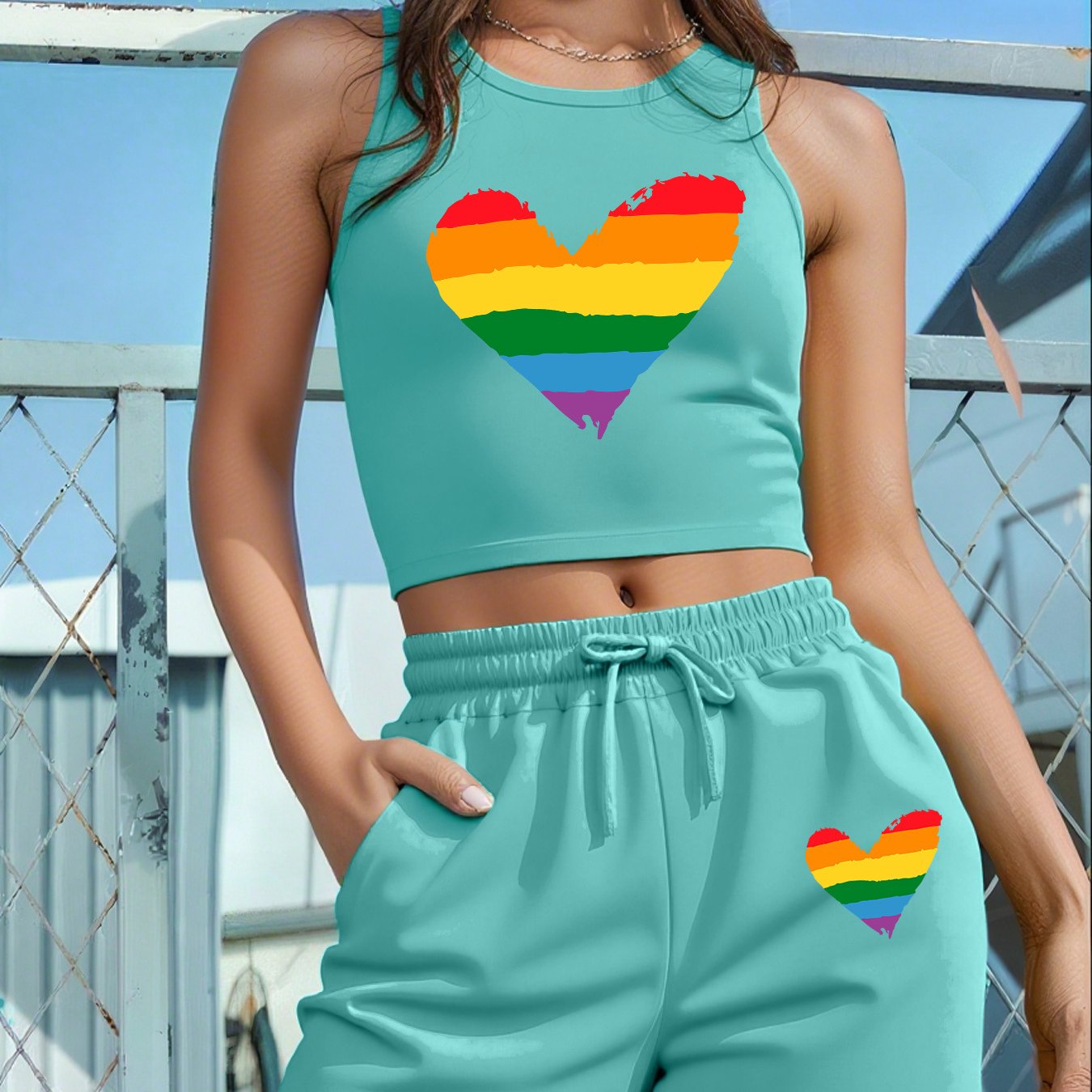 2PCS Set 5 Colors Women's LGBTQ+ Pride Heart Graphic - Sleeveless Vest & Loose Shorts Outfit in Red with Green/Purple Stripes, Drawstring Waist - Machine Washable Lounge, Party, Everyday Outfits