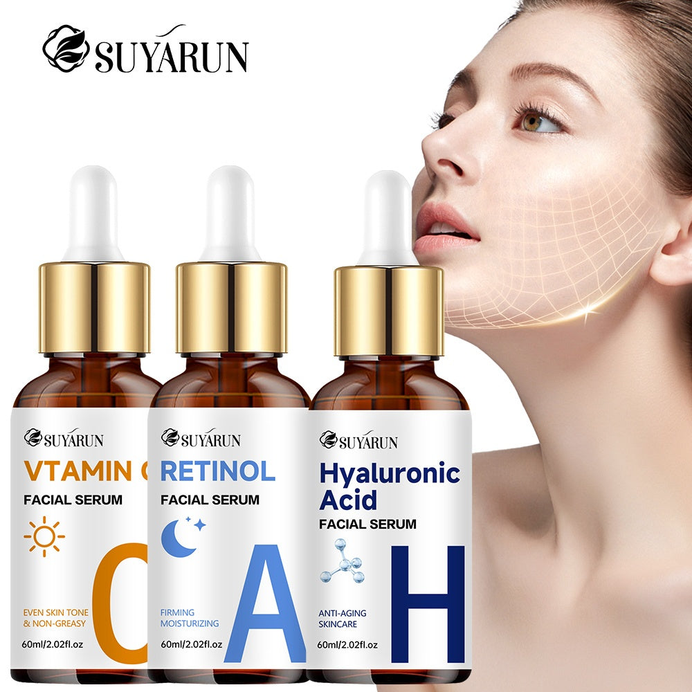 3 PCS Set 60ml Each Day & Night Vitamin C + Retinol + Hyaluronic Acid Triple Action Set, Enriched with Collagen, Aloe Vera, and Niacinamide, Brightens Complexion, Firms Skin, Deeply Hydrates, and Evens Light Beige. Gentle, Oi
