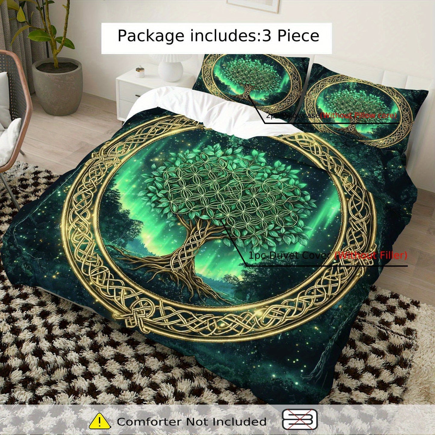 3 PCS Set *TREE OF LIFE* Duvet Cover Set, 1 Duvet+2 Pillowcases (Without Filler), Celtic Tree of Life Green Aurora Fantasy Theme, All Season Bedding Set, Mystical Forest Suitable for Decoration Bedroom Living Room Guest Room