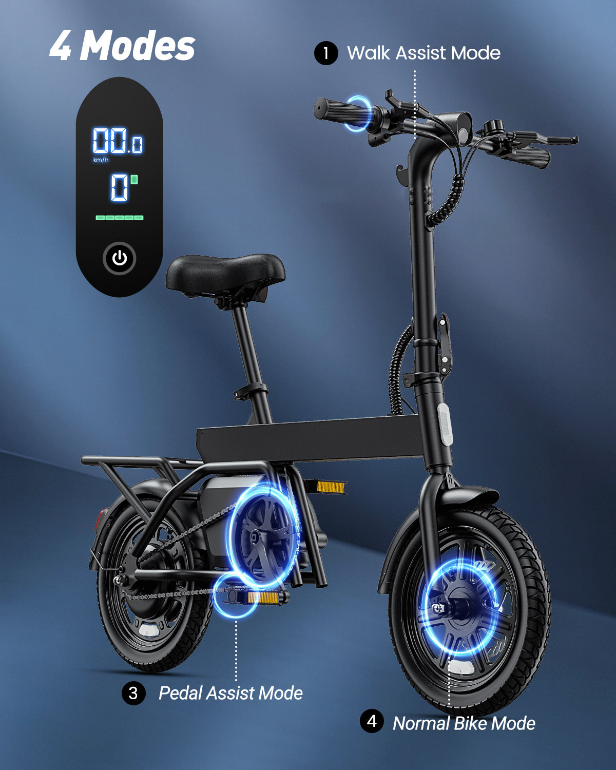 14inch Foldable Electric Bike, Mini City E-Bike, LCD Display, 36V 7.8Ah Battery, 250W Motor, 4 Riding Modes, 4 Speed Levels,25km/h Top Speed And 45km Max Range, With Rear Rack, Pedal Assist, Dual Disc Brakes, Night Lights, an