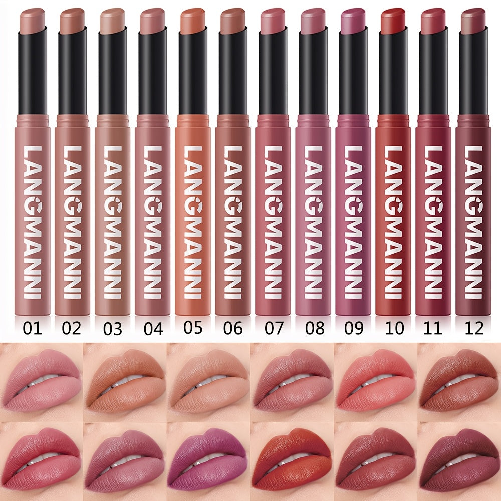 12 PCS Professional Set Original Langmanni matte lipstick, matte lipstick, easy to color lipstick pen, lip gloss, long-lasting easy to color moisturizing lipstick, natural moisturizing lipstick, holiday makeup, mother's day g