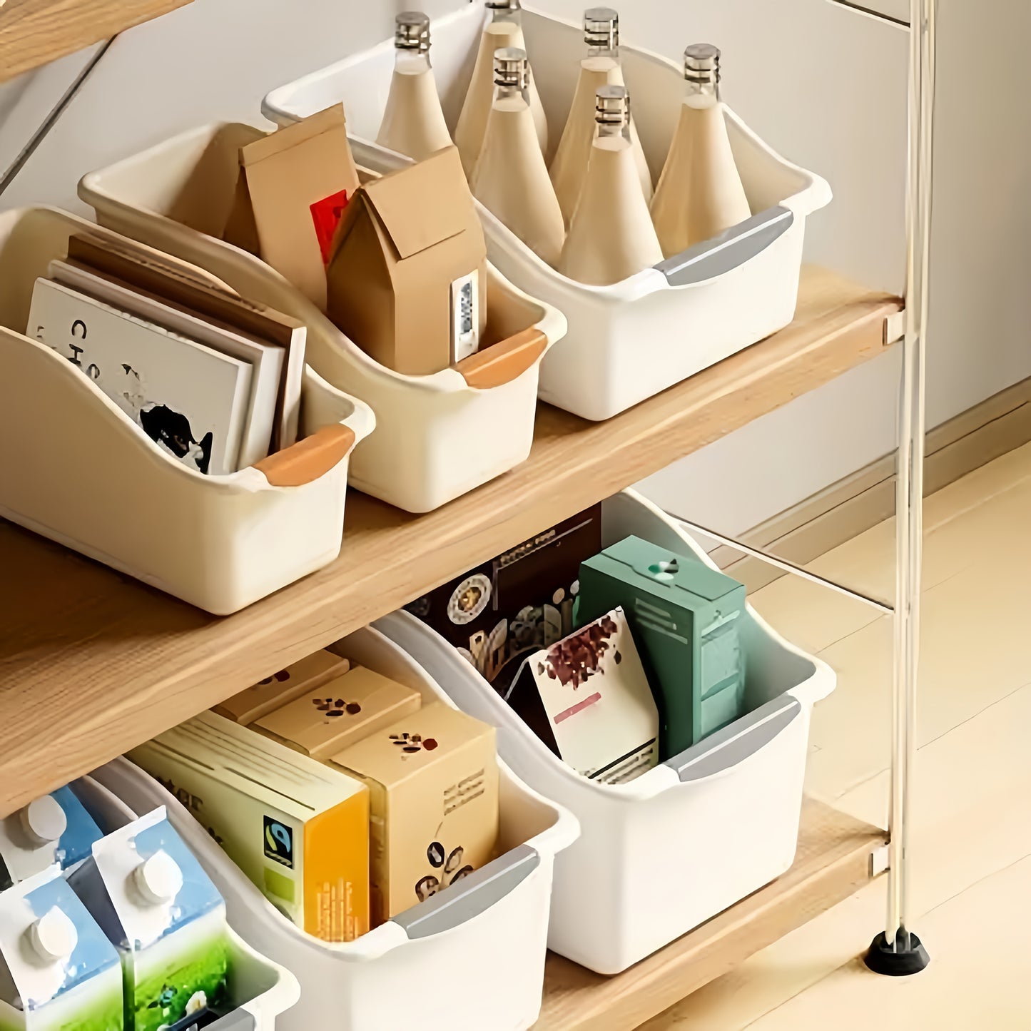 2 PCS Set Curved Design Storage Boxes - Heavy-Duty Plastic Organizer, White Space-Saving Container for Under Sink, Pantry & Cabinet Organization - Suitable for Cleaning Supplies, Household Essentials & Kitchen/Bathroom Storag