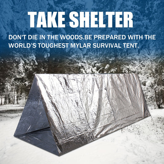 Silvery Color Tent +1 Orange Bundle Pocket +1 Plastic Whistle +1 Rope +1 Flint +Opp | 2-Person Capacity, Non, Solid Color, Suitable For All Seasons Survival Tent Outdoor Travel Camping Shelter