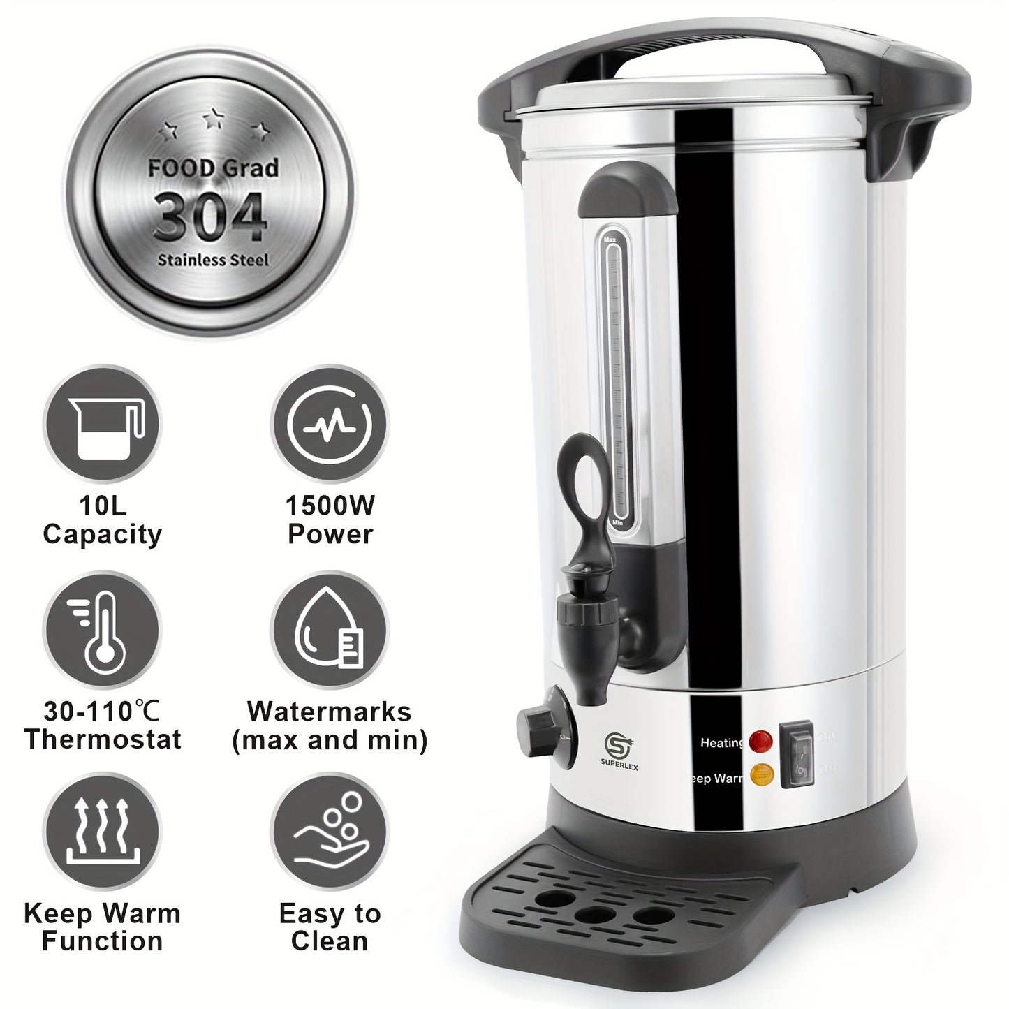 10L 25cm x 50cm Water Boiler Electric Catering Urn 10L with Thermostat Control, 1500W Hot Water Boiler Tea, Electric Kettle, Home Commercial Office Use with Keep Warm Water