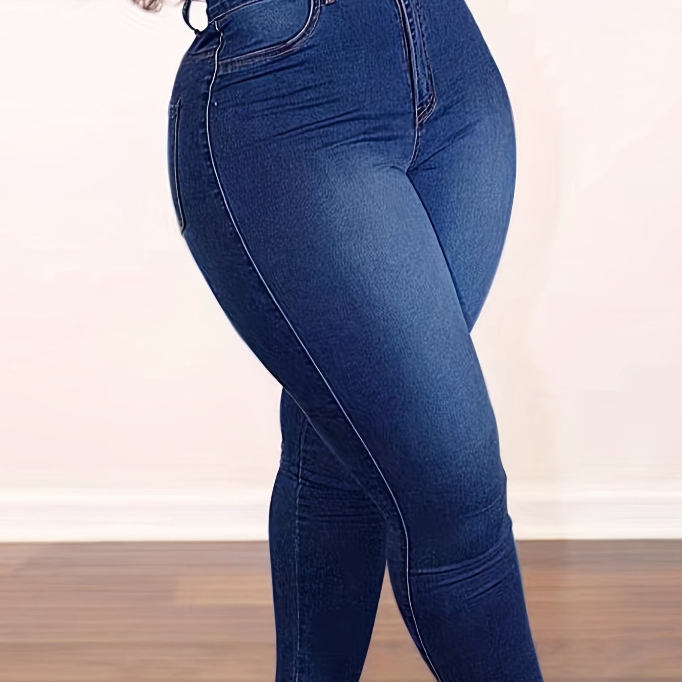For Big Girls XL-4XL Plus Size Curvy Women's Blue Stretch Denim Long Blue Jean Pants, High-Waist Washed Stretch Jeans with Slant Pockets and Solid Buttons Female Streetwear Casual Clothing Supplies