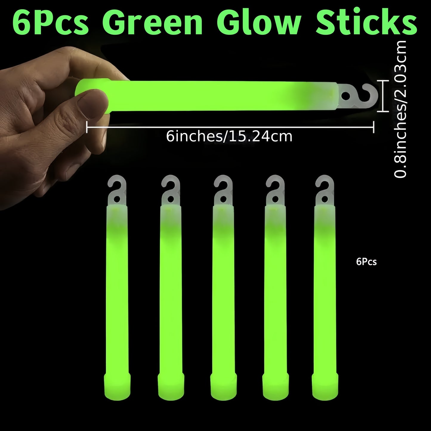NEW 6 PCS Set 6-Inch Large Green Glow Sticks - Industrial-Grade, 12-Hour Extended Life - Ideal for Camping, Emergencies, Parties & More - Durable Chem Lights, Blackouts Repair No Power Needed, Camping Accessories