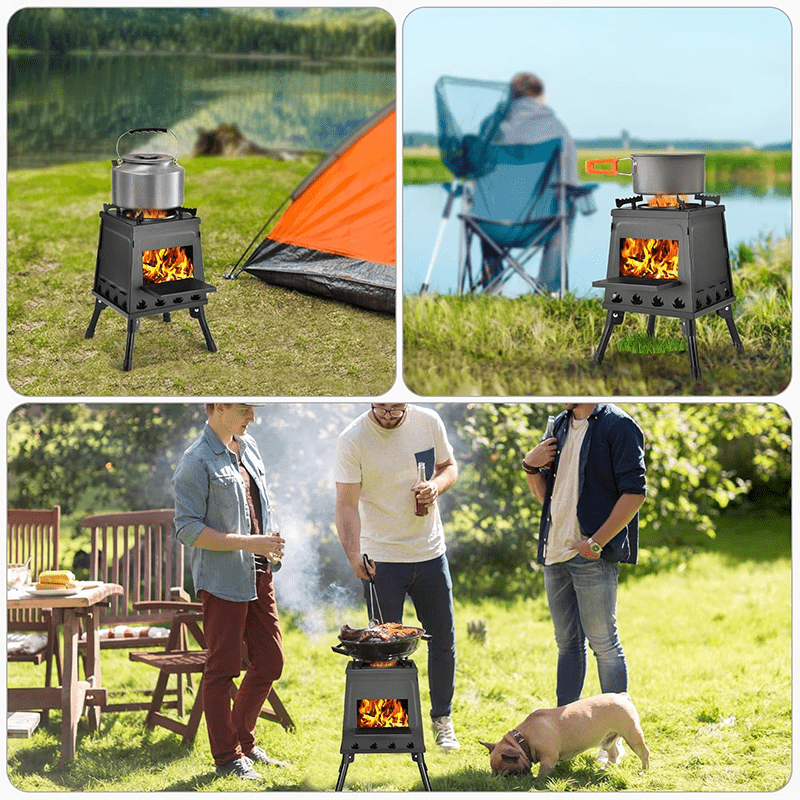 Heavy-Duty Portable Folding Fire Pit Stove - Wood Burning Camping Oven with Adjustable Pot Stand, Foldable Outdoor Cookstove for Camping, Backpacking, BBQ, Survival - Compatible with Wood/Charcoal/ (No Electricity)