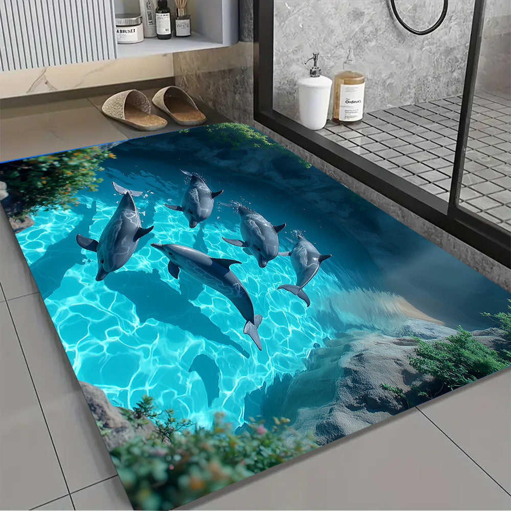 Crystal Velvet Non-Slip Ocean-Themed Bath Compatible for Shower Bathtub - Dolphin & Turquoise Sea Design Soft Bath Mat with Non-Slip Backing, Aquatic Mat Suitable for Bathroom, Kitchen, Laundry Room