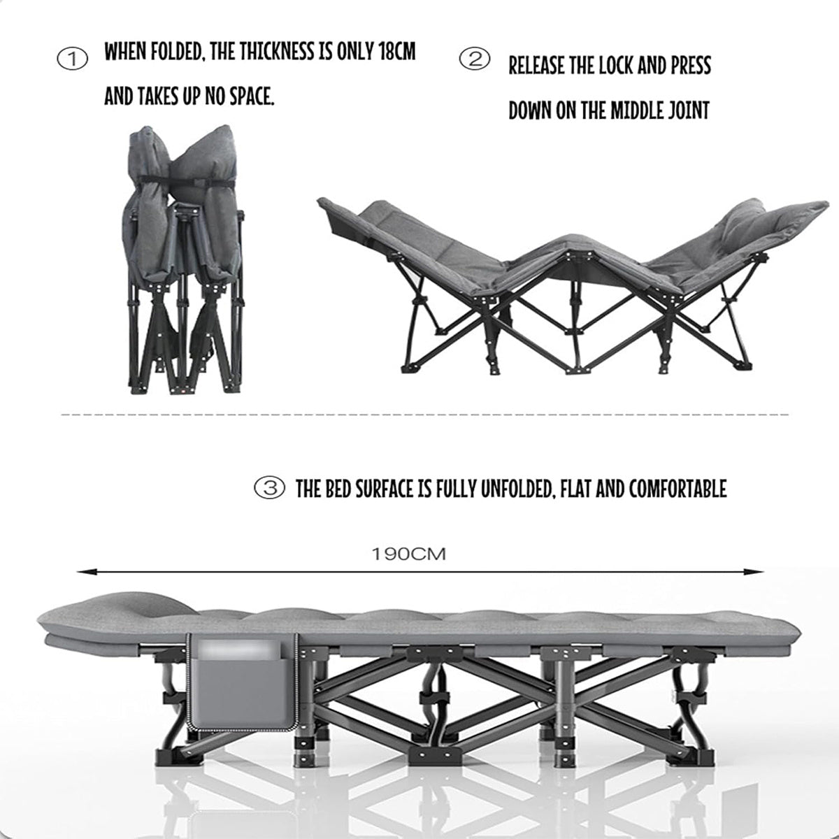 For Beach Camping Cot Large Folding Bed Deck Chair , Lightweight Guest Bed with Adjustable 6 Positions, Comfortable Mattress And Pillows, Breathable Fabric, Portable Durable, Suitable for Outdoor Use