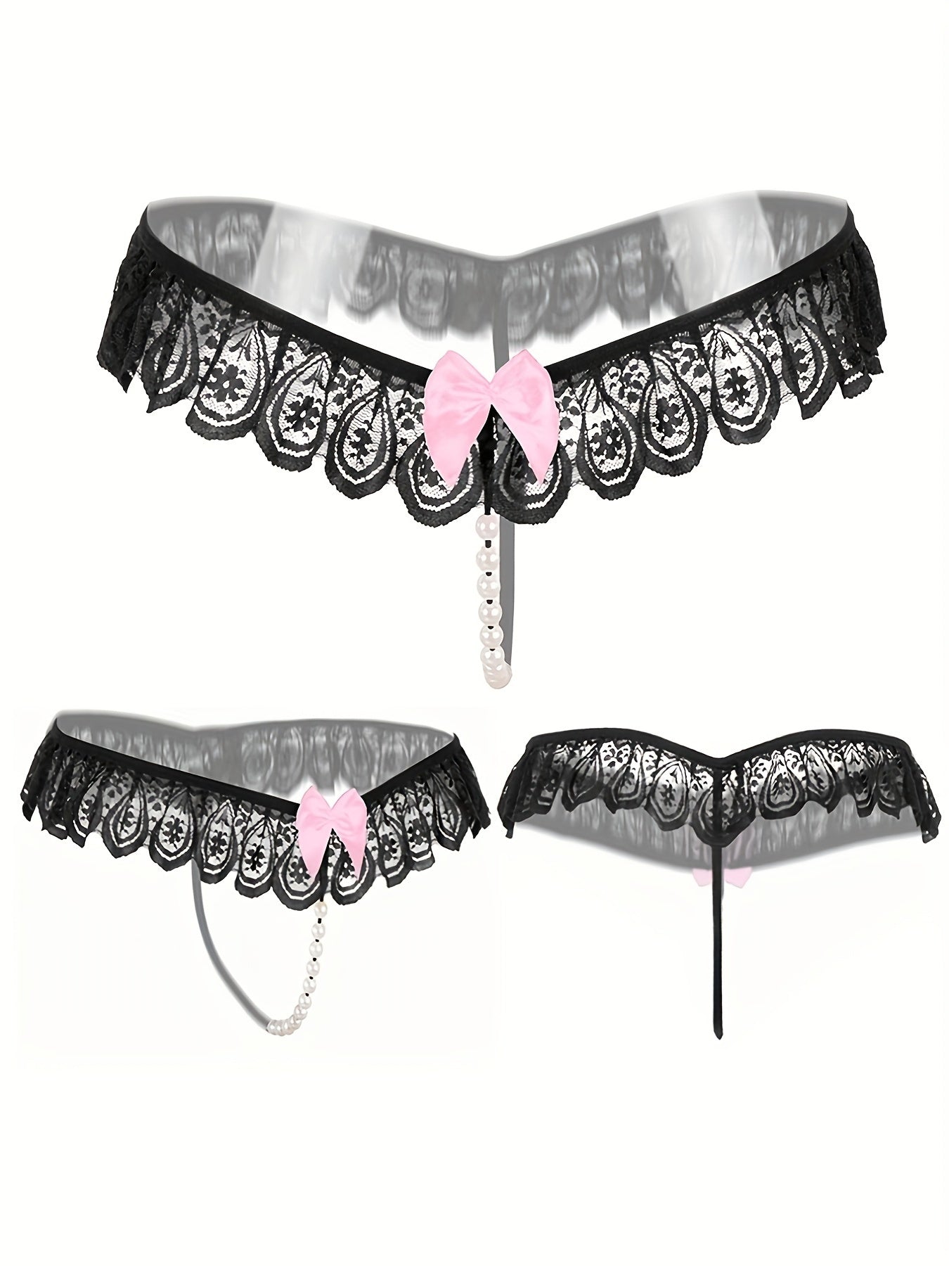 9 PCS Set Women's Adjustable Sexy Thongs with Embroidered Hollow-Out Design, Pearl-Embellished Crotchless Panties - Black, Lace Trim, Comfort Fit for Intimate Wear, Intimate Apparel | Sexy Thong Design | Adjustable Strap